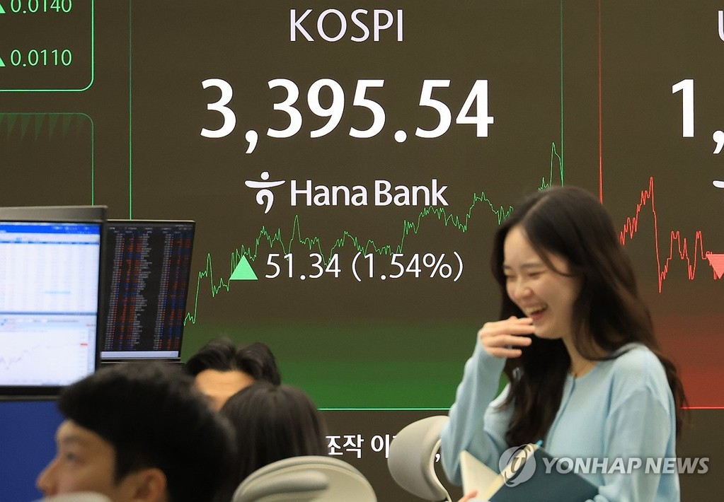 코스피, 계속된 최고치 경신 (서울=연합뉴스) 최재구 기자 = 개장하자마자 사상 최고치를 갈아치운 코스피가 장중 거듭 최고 기록을 경신한 12일 서울 중구 하나은행 본점에서 직원들이 증시와 환율을 모니터 하고 있다. 이날 코스피 51.34p(1.54%) 오른 3,395.54로 장을 마쳤다.  2025.9.12 jjaeck9@yna.co.kr