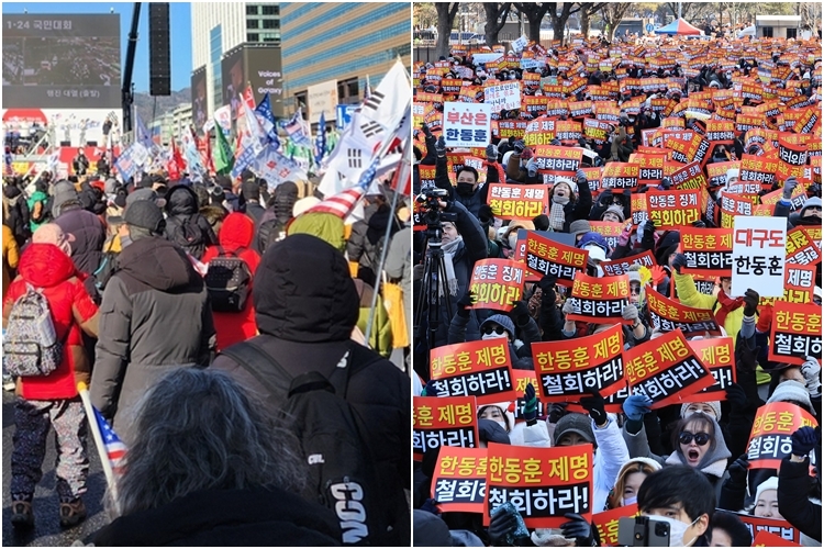 대국본 광화문 국민대회(왼쪽)와 여의도 한동훈 지지자 집회 [촬영 김준태&middot;최재구]