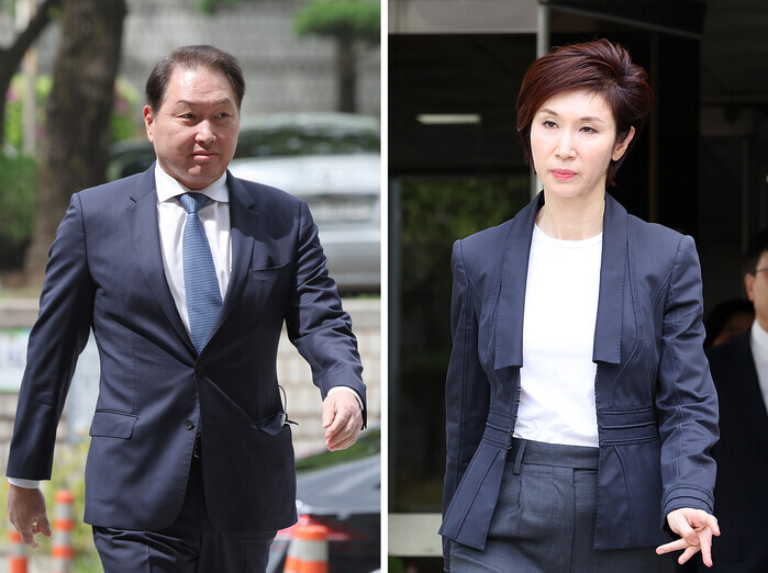 = 최태원(왼쪽사진) SK그룹 회장이 16일 오후 서울 서초구 서울고등법원에서 열린 최태원-노소영 이혼 소송 항소심 2차 변론에 출석하고 있다