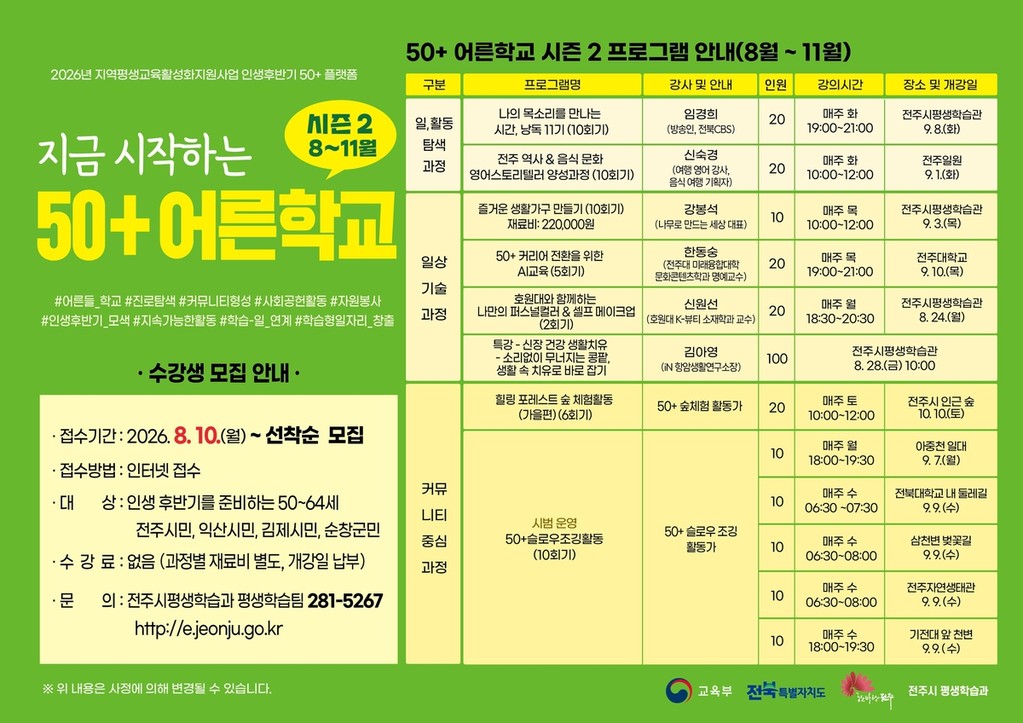 50+ 어른학교 시즌2 프로그램 [전주시 제공. 재판매 및 DB 금지]