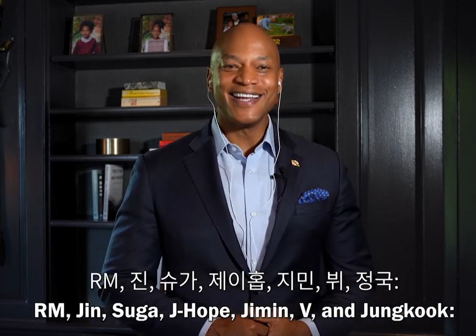 방탄소년단(BTS) 환영 영상을 게재한 웨스 무어 미국 메릴랜드 주지사 [웨스 무어 주지사 사회관계망서비스(SNS) 캡처.]